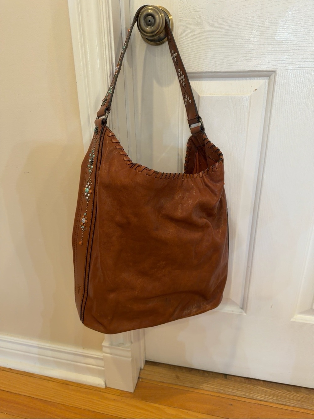 Frye Cognac Leather Whipstitch Hobo with Beaded Strap